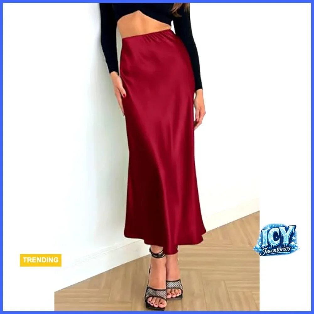Satin Midi Skirt High Waisted A-Line Flowy Wedding Cocktail Casual